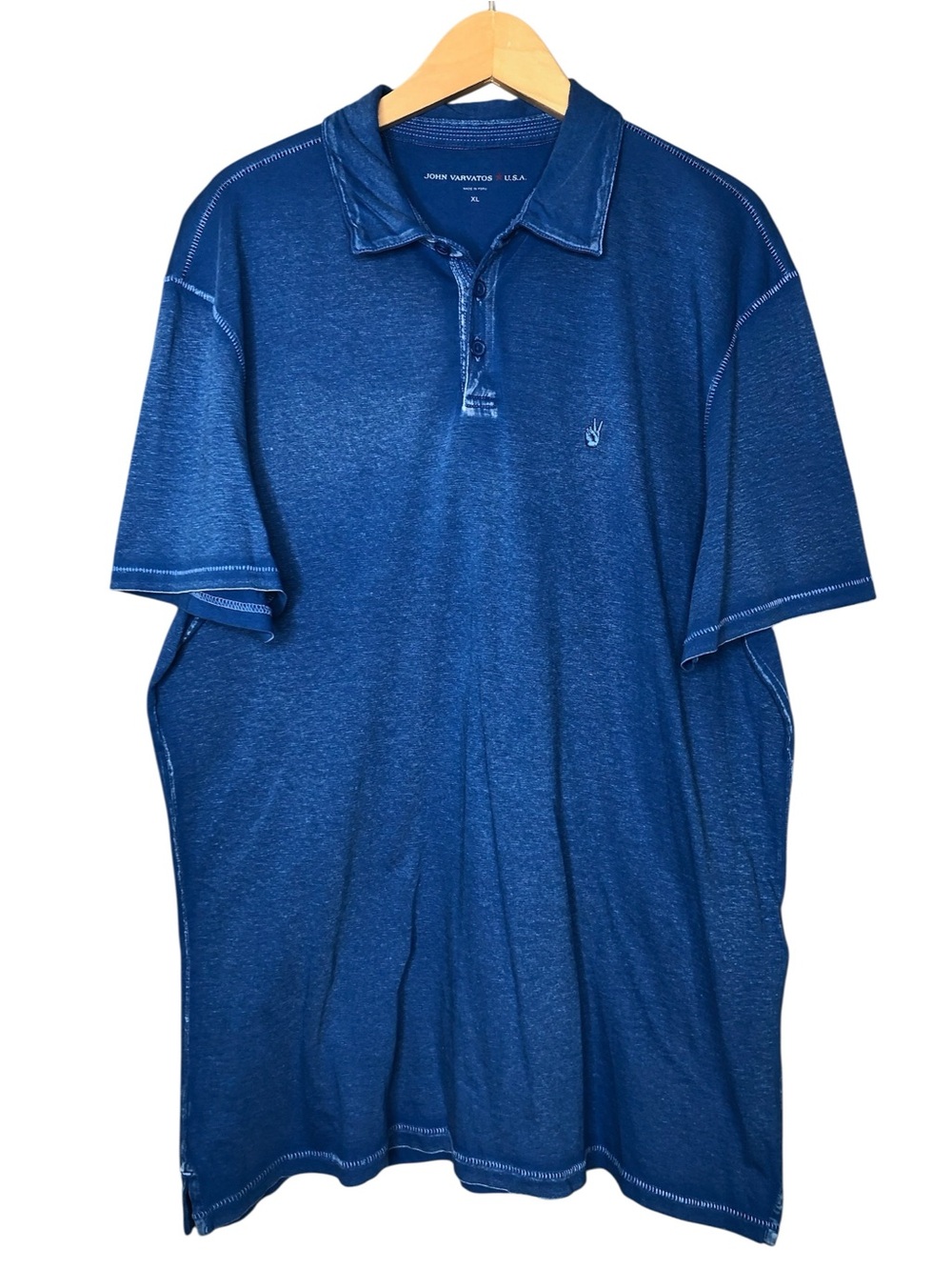 John Varvatos USA Blue Distressed Cotton Peace Polo Shirt Short Sleeve Men’s XL